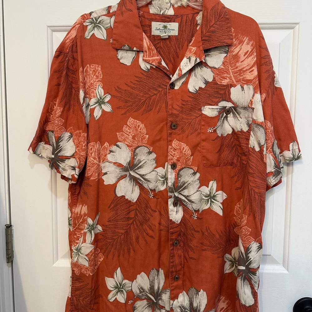 Red and White Casual Button Down Shirt with Tropical Floral Design